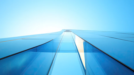 A stunning perspective of a modern skyscraper's glass facade reaching towards a clear blue sky. This image captures the elegance and beauty of contemporary architecture.の素材