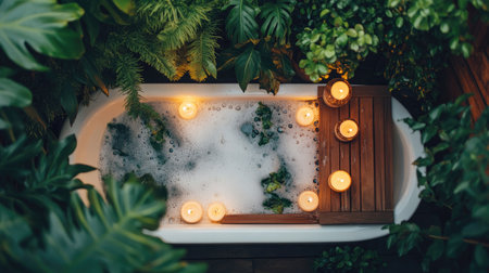 A tranquil bathtub nestled among vibrant greenery, illuminated by soft candlelight. A perfect scene for relaxation, self-care, and serenity in nature.の素材