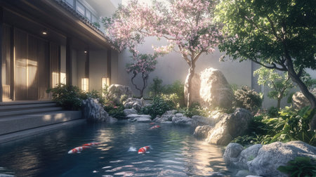 A tranquil garden scene featuring a koi pond surrounded by blooming cherry trees and natural rock formations, perfect for relaxation and meditation.の素材