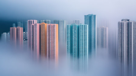 This captivating cityscape features colorful buildings partially shrouded in mist, creating a serene and dreamy atmosphere perfect for urban-themed projects.の素材