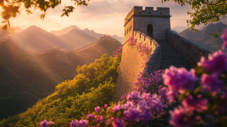 Experience the breathtaking beauty of the Great Wall of China at sunrise, surrounded by vibrant flowers and majestic mountains under a clear sky.の素材