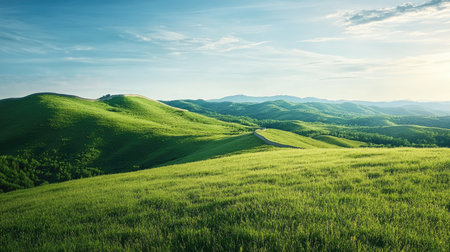 A stunning view of rolling hills covered in lush green grass under a bright blue sky. The landscape evokes peace and tranquility, perfect for nature lovers.の素材