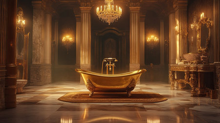 Explore an opulent bathroom featuring a golden bathtub surrounded by elegant chandeliers and vintage dの素材