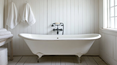 Discover a serene and elegant bathroom featuring a vintage white bathtub, minimalist decor, and natural light illuminating a tranquil atmosphere. Perfect for relaxation.の素材