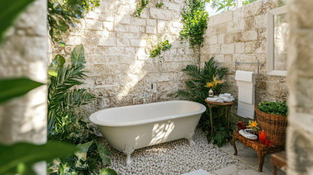 Experience the serene beauty of this elegant outdoor bathroom featuring a clawfoot bathtub surrounded by lush greenery and natural stone.の素材