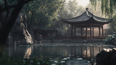 Discover a serene Chinese garden featuring a traditional pagoda surrounded by lush greenery and calm waters, perfect for relaxation and reflection.の素材