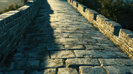 A serene and inviting stone pathway on an ancient wall, illuminated by soft sunlight, invites exploration among the natural surroundings and history.の素材