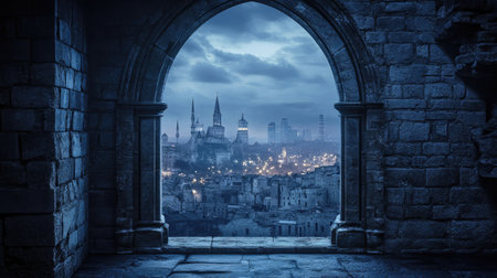 A captivating view of a historic city under a night sky, showcasing stone architecture, illuminated towers, and a serene atmosphere.の素材