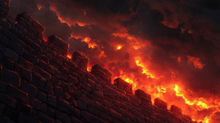 This captivating image features a dramatic fiery sunset illuminating an ancient stone wall, set against dark clouds, evoking a mysterious and epic atmosphere.の素材