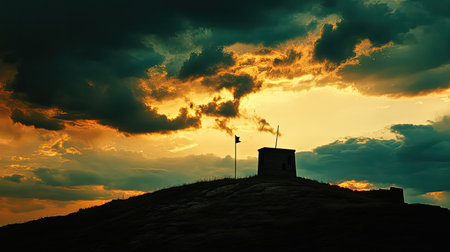A striking silhouette of a tower on a hill, set against a dramatic sunset sky filled with clouds. The captivating colors create a serene and picturesque scene.の素材
