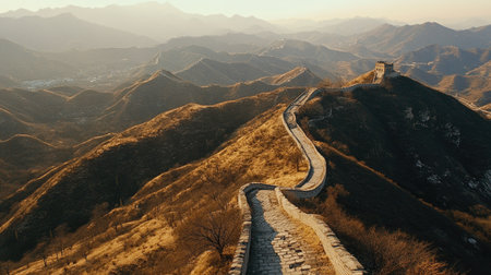 Capture the breathtaking beauty of the Great Wall at sunset, overlooking rolling mountains and a serene landscape. This image showcases a perfect moment in nature.の素材