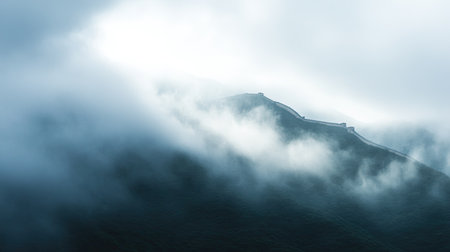 This captivating image showcases a misty mountain landscape featuring an ancient wall disappearing into the fog. The serene atmosphere evokes a sense of tranquility and adventure.の素材
