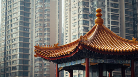 A striking contrast of a traditional Chinese pavilion set against a backdrop of modern urban skyscrapers, showcasing rich heritage and contemporary design.の素材