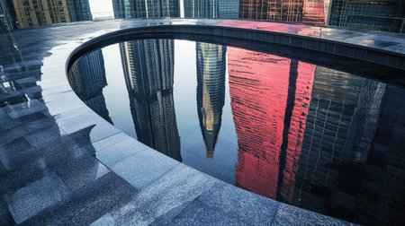 A serene urban scene featuring a smooth water surface reflecting stunning skyscrapers, showcasing modern architecture and city life in a tranquil setting.の素材