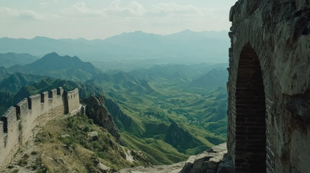 Breathtaking view from an ancient wall showcasing a stunning mountain range. Unspoiled landscapes blend with heritage structures under a clear sky.の素材