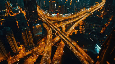 Captivating aerial shot of a bustling urban interchange at night, showcasing the vibrant city lights and movement of traffic, revealing urban dynamism and infrastructure.の素材