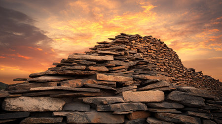 A stunning view of an ancient stone structure set against a vibrant sunset. The intricate arrangement of rocks creates a captivating texture, highlighting history and nature's beauty.の素材