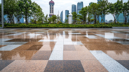 A contemporary urban landscape showcasing a polished pavement with reflections of buildings and trees, evoking a sense of tranquility and modern design.の素材