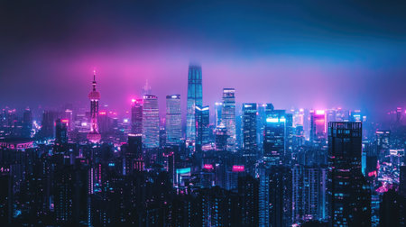 Captivating urban nightscape featuring vibrant neon lights illuminating skyscrapers under a foggy sky, creating a surreal and energetic atmosphere.の素材