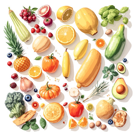 Fruits and vegetables. Vector illustration of a set of fruits and vegetables.のイラスト素材