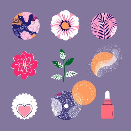 Vector set of hand drawn floral and geometric elements. Vector illustration.のイラスト素材