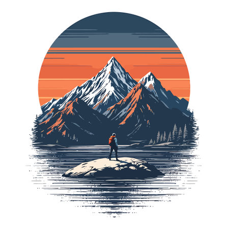 Hiker standing on a rock and looking at the sunset. Vector illustration.のイラスト素材