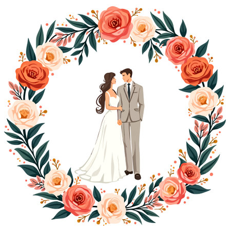 Wedding couple in a wreath of flowers. Vector illustrationのイラスト素材