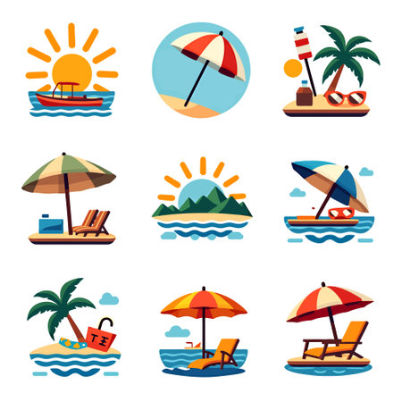 Set of summer vacation icons. Beach, sea, sun, umbrella, palm trees. Vector illustrationのイラスト素材
