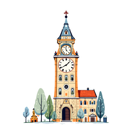 Town clock tower. Vector illustration in flat style isolated on white background.のイラスト素材