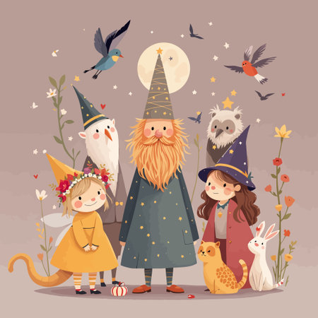 Cute kids in wizard costume with owl, cat and owl. Vector illustration.のイラスト素材