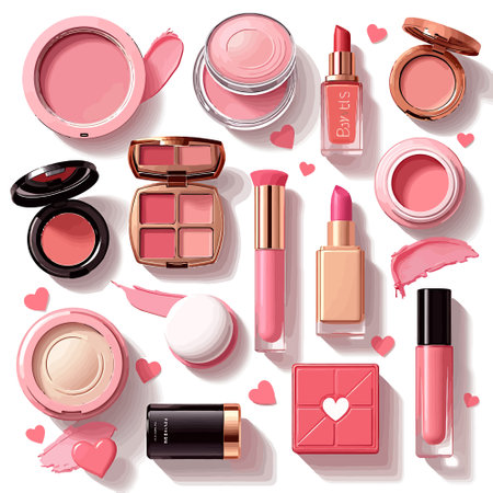 Set of pink cosmetic products and accessories for make-up. Vector illustrationのイラスト素材