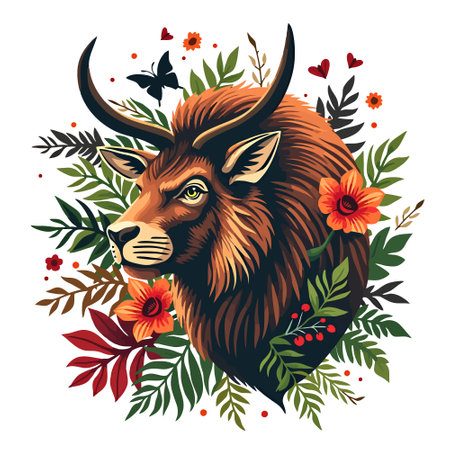 Taurus head with flowers, leaves and butterflies. Vector illustration.のイラスト素材