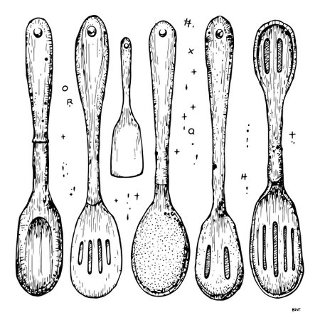 Spoons, vintage line drawing or engraving illustration of kitchen utensils.のイラスト素材