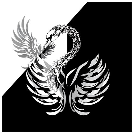 swan with wings on a black and white background. vector illustrationのイラスト素材