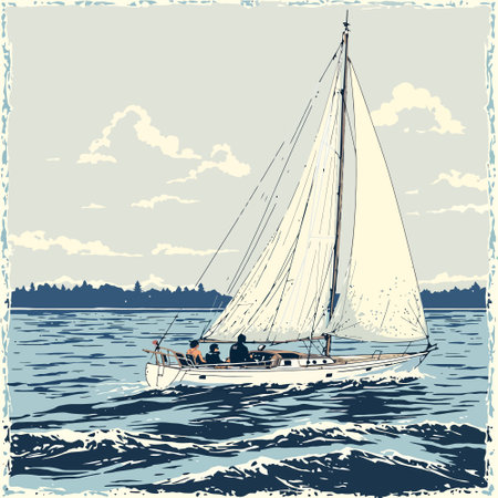 Sailing yacht in the sea. Vector illustration. Vintage style.のイラスト素材