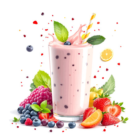 Strawberry and blueberry milkshake with mint leaves and fruits realistic vector illustrationのイラスト素材