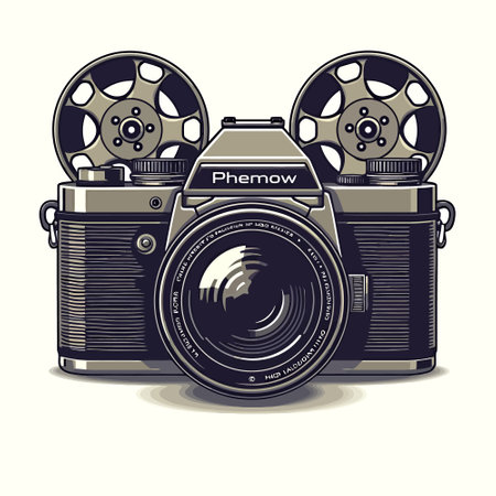 Retro movie camera with film reel on a white background. Vector illustrationのイラスト素材