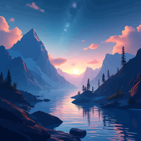 Mountains and lake at sunset. Nature landscape. Vector illustration.のイラスト素材