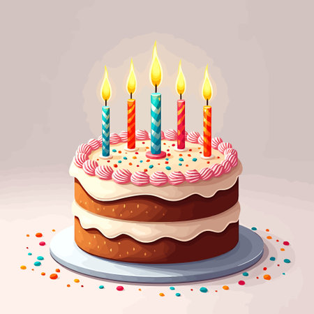 Birthday cake with burning candles on a gray background. Vector illustrationのイラスト素材