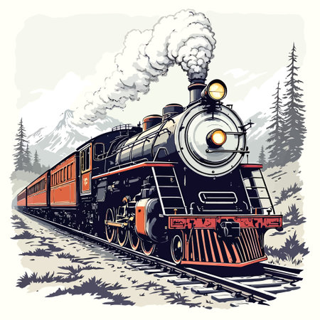 Vintage steam locomotive in the mountains. Hand drawn vector illustration.のイラスト素材
