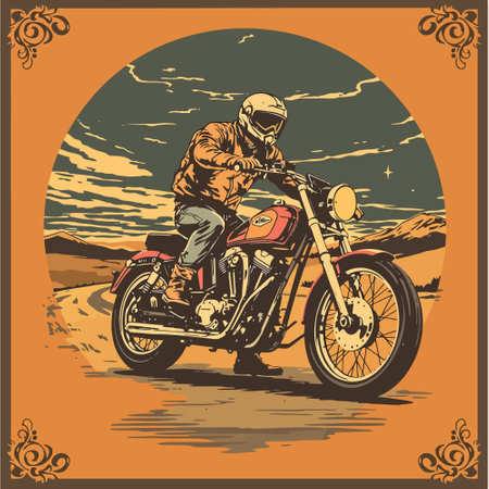 Vintage motorcycle in the desert. Vector illustration in retro style.のイラスト素材