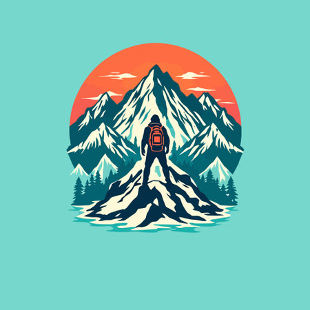 Mountain peak with backpack. Vector illustration in flat design style.のイラスト素材