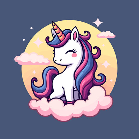 Cute cartoon unicorn on the cloud. Vector illustration in cartoon style.のイラスト素材