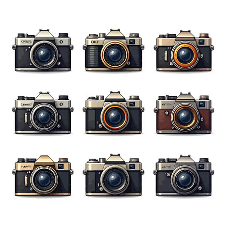 Set of vintage camera vector illustrations isolated on white background. Collection of retro cameras.のイラスト素材