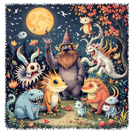 Halloween vector illustration with cartoon monsters in the forest and full moonのイラスト素材