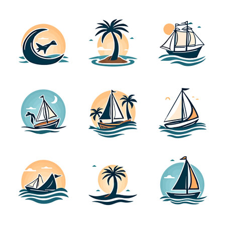 Set of sailboats and palm trees. Vector illustration in flat style.のイラスト素材