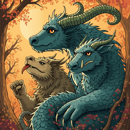 Two dragons fight in the autumn forest. Vector illustration in cartoon style.のイラスト素材