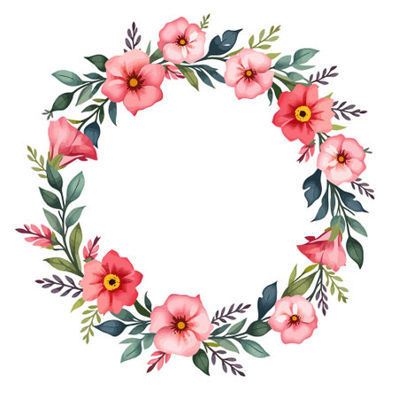 Beautiful floral wreath with pink flowers and green leaves. Vector illustration.のイラスト素材