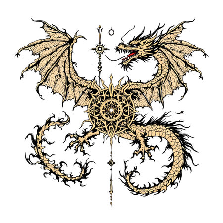 Dragon and compass for tattoo or t-shirt design. Vector illustrationのイラスト素材