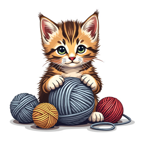 Cute little kitten playing with balls of yarn. Vector illustration.のイラスト素材